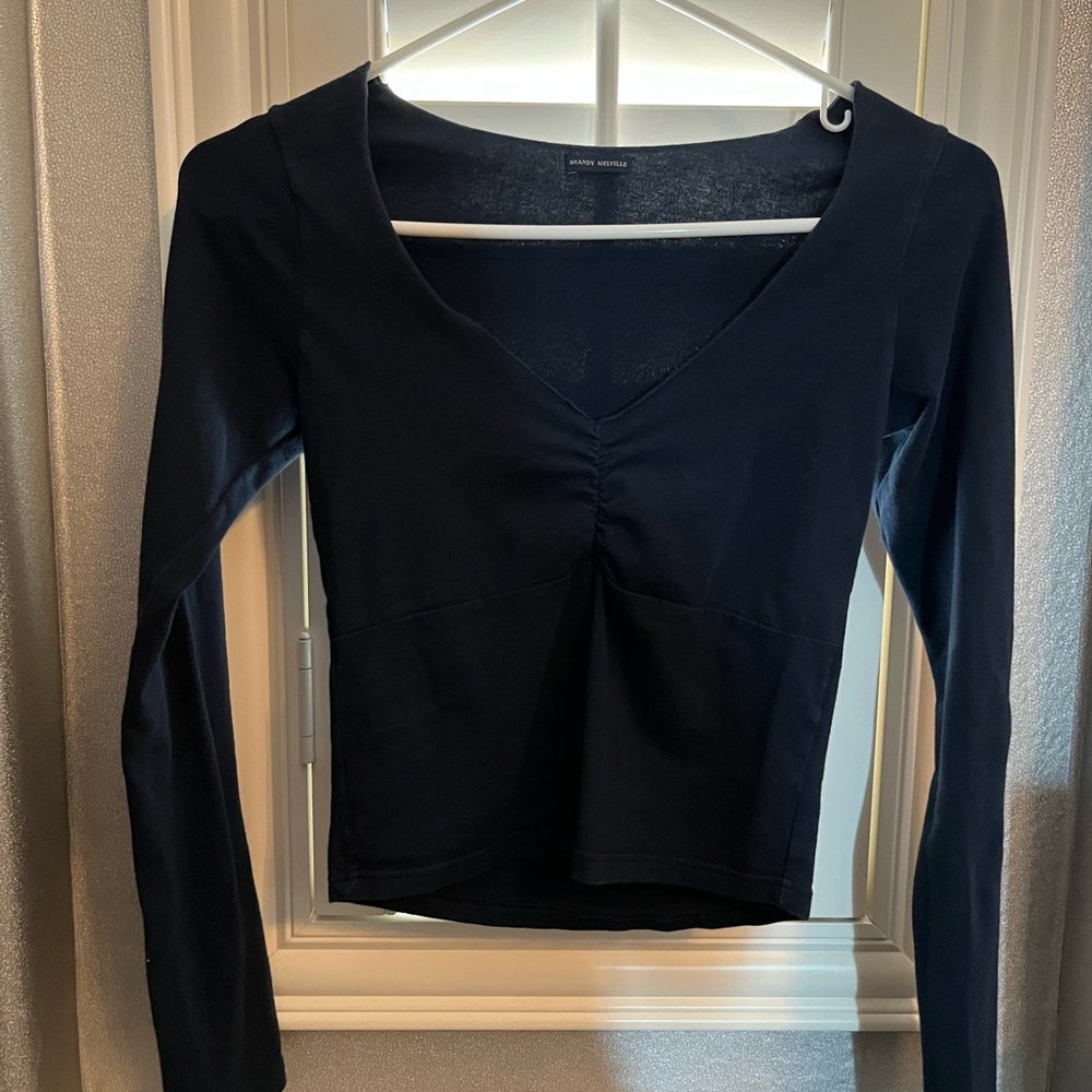 Brandy Melville Navy Blue Long Sleeve Vneck Top Sz S